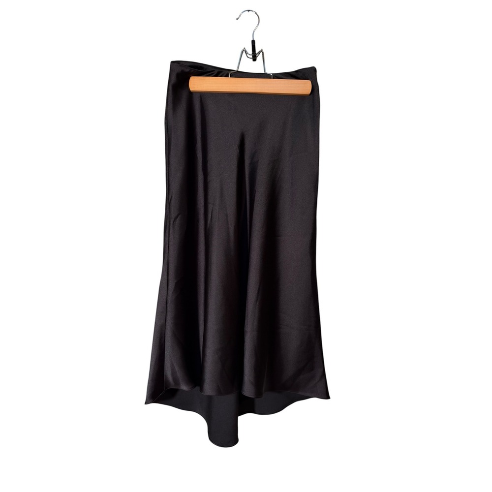 Zara Women's Size XS Satin Midi Skirt A-Line Flowy High Low Hem Black Zip Side